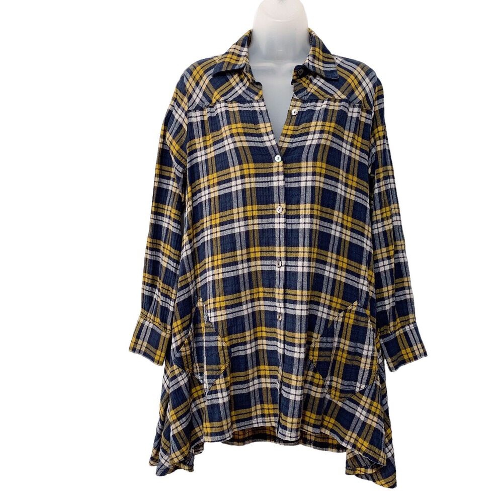 John Mark Yellow Blue Flannel Plaid Button Shirt Size Small Oversized Lagenlook